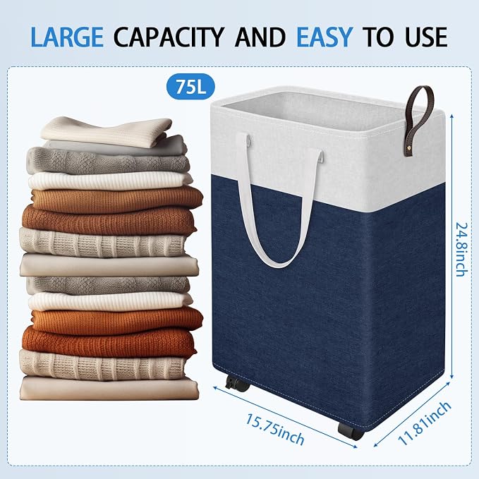 HomeHacks 75L Rolling Laundry Basket with 4 Wheels Collapsible Blue | 4 Wheels, Waterproof PEVA Lining, Cotton Flax Fabric, Metal Frame, Bathroom Laundry Room Dorm Storage, Space-Saving Design