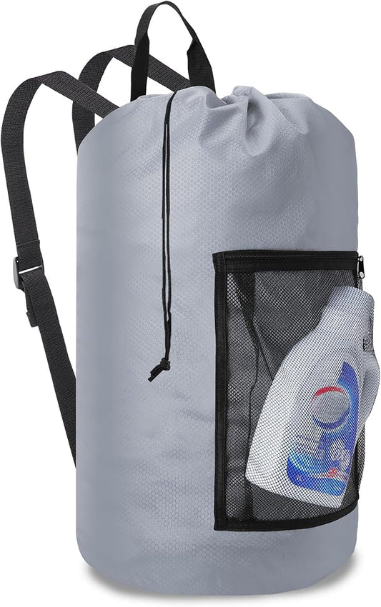 Laundry Bag Backpack Durable Laundry Bag with Shoulder Straps and Mesh Pockets Portable Laundry Hamper Dirty Clothes Bag for College, Travel, Laundromat, Apartment (Gray)