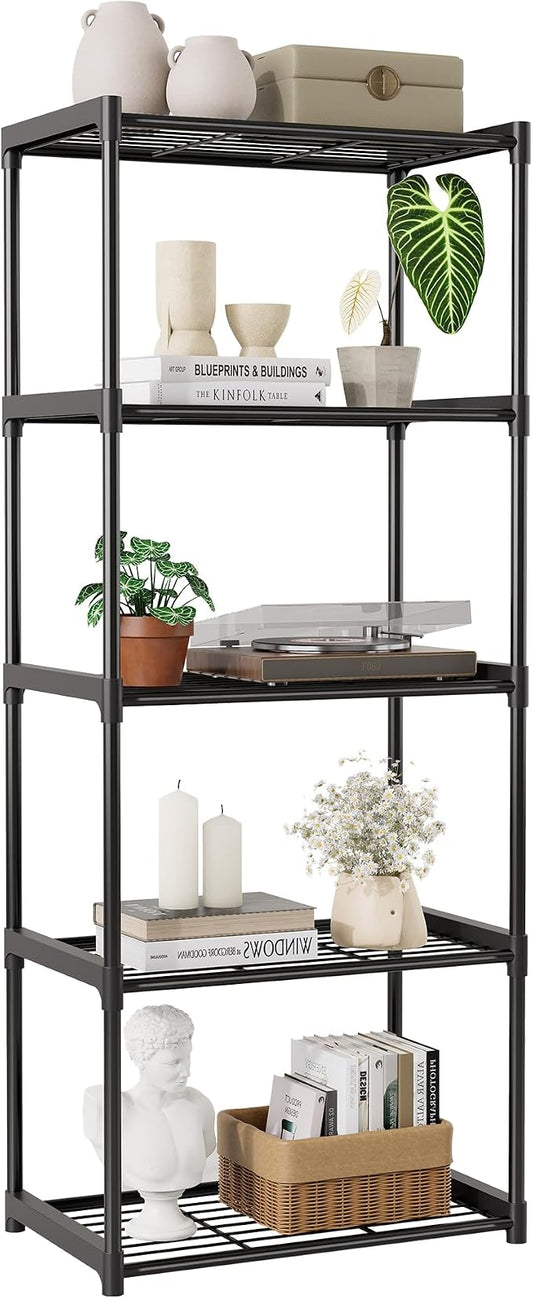 5-Tier Storage Shelves with Plastic Connectors – Metal Shelf Organizer for Pantry, Closet & Bathroom, Space-Saving Sturdy Shelving Unit Rack, Black, 17.3" x 12.8" x 56.7"