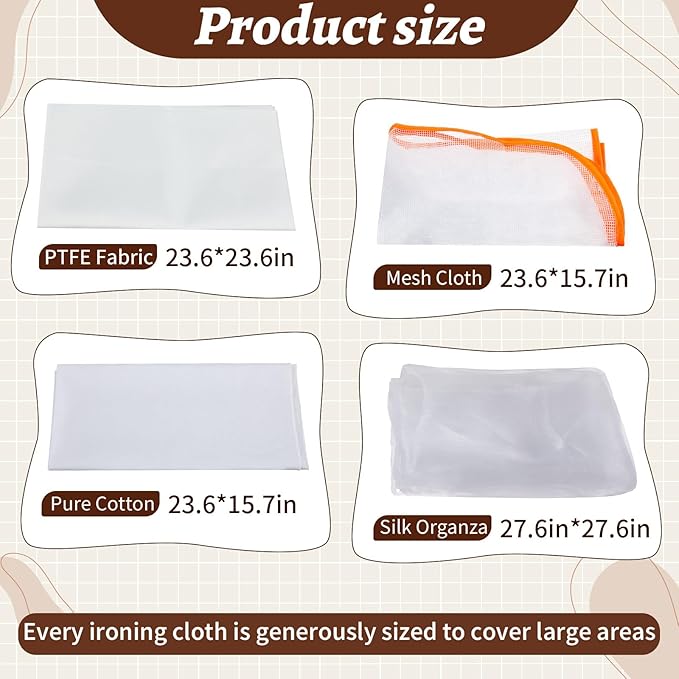 HunnmingRe 4 Types Pressing Cloth for Ironing, Including Silk Organza, Mesh, Cotton, PTFE Cloth Fabrics, 4 Types of Different Fabric Pressing Cloths for Clothes Protect (Large)