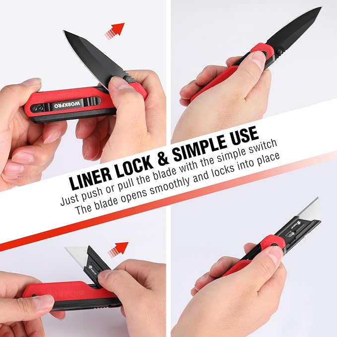 WORKPRO 2-in-1 Folding Knife/Utility Knife, Wood Handle, Red G10 Handle | Quick-Change Box Cutter, Liner Lock, Belt Clip, 10 SK5 Blades, Carton Cutting, Camping, Hiking, DIY Projects