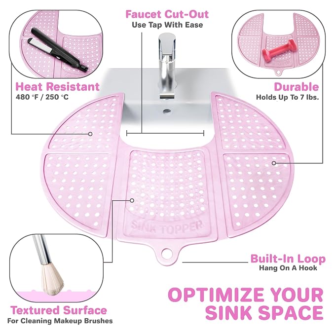 Sink Topper Bathroom Sink Cover for Counter Space, Standard Pink | Holds up to 7 lb on a steel frame; fits over basins to 19 in; 480°F silicone, hot tools; foldable makeup mat; RV, camper