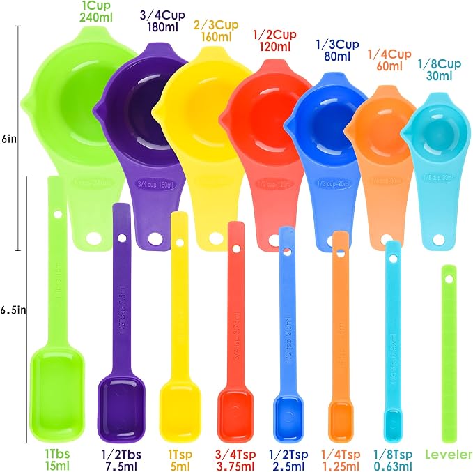 Plastic Measuring Cups and Spoons Set 15, Dry Colorful Measuring cups, Stackable Rainbow Color 7 Measuring Cups and 7 Measuring Spoons with Leveler for Baking and Kitchen