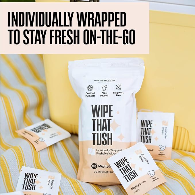 Wipe That Tush On-The-Go Flushable Wipes - 1 Packs of 30 Individually Wrapped Travel Wipes - Fragrance Free & Hypoallergenic - Extra Large & Soft - Aloe & Vitamin E - Septic-Safe - Travel Essentials