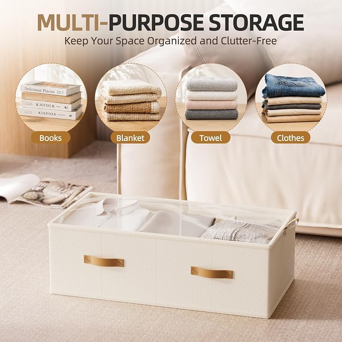 FHSQX 4 Pack Under Bed Storage Bins- 10 Inch Tall Underbed Clothes Storage Containers with Clear Window for Closet, Bed Sheets and Blankets (Beige, 31.5x15.8x10 inch)