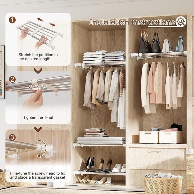 Hershii Tension Shelf Expandable Rod Closet Tension Shelf for Cabinet | Closet System Heavy Duty Clothes Hanger Adjustable DIY Storage Organizer Shoe Rack 23.62 - 39.37 inches