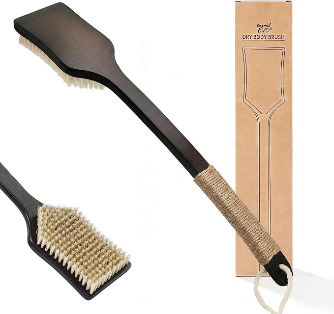 Back Scrubber Shower Brush,Dry Brushing Body Brush with 17.7 Inch Curved Long Handle, Natural Bristles for Lymphatic Drainage, Soft & Stiff Bristles Available (Natural Fiber, Stiff)