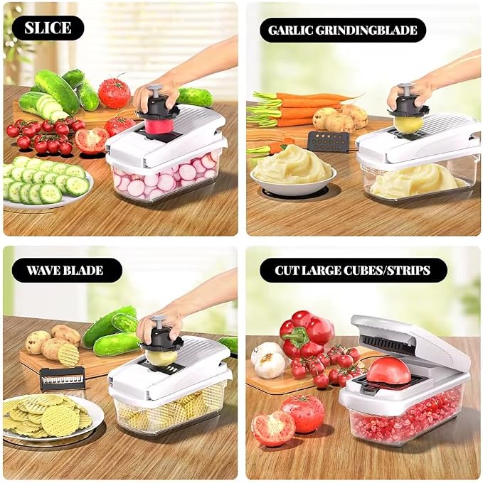11-in-1 Vegetable Chopper with 8 Blades – Multifunctional Food Chopper & Mandoline Slicer, Onion Dicer, Potato & Carrot Cutter with Container, Kitchen Gadget (White/Black)