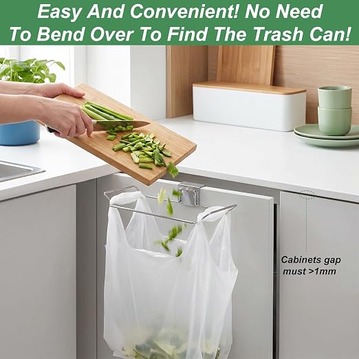 Large Stainless Steel Trash Bag Holder Portable Under Sink Metal Garbage Bags Holder Stand Space Saving Garbage Hanger Frame Hooks for Kitchen Cabinet Doors Bathroom, Kitchen Trash Waste Can(Sliver)