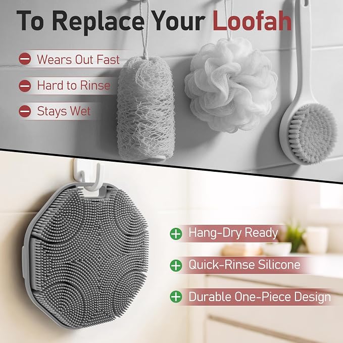 Back Scrubber for Shower 2 Pack, Silicone Body Scrubber with Long Handle, Detachable Body Wash Bath Scrubber Shower Scrub Brush -Dense Bristles Exfoliating & Lather Well for Women Men Black & Grey