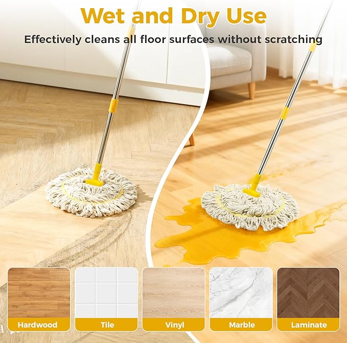 Indoor Mop with Strings for Floor Cleaning, Cotton Mops with 59” Long Handle Household String Mop for Hardwood Wood Tile Floors Cleaning,1 Mop Handle & 1 Cotton Mop Head