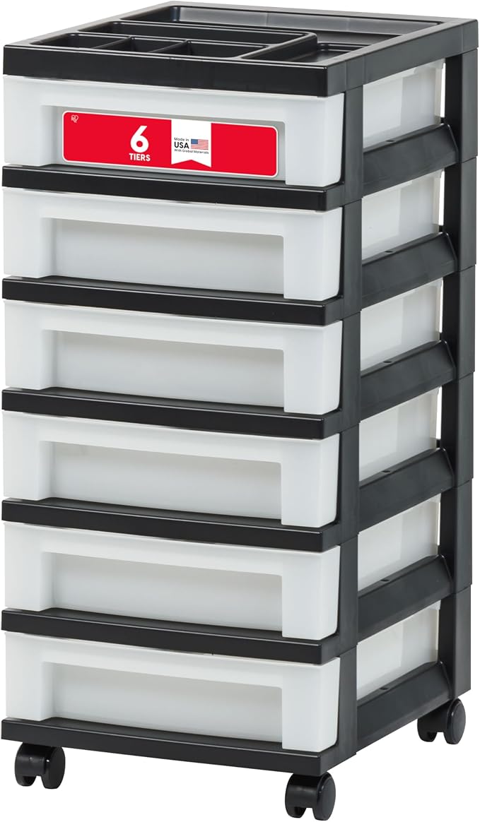IRIS USA 6-Drawer Rolling Storage Cart with Organizer Top, Black/Pearl | Keep craft supplies, office essentials, classroom items, and accessories organized with easy-access drawers for daily use