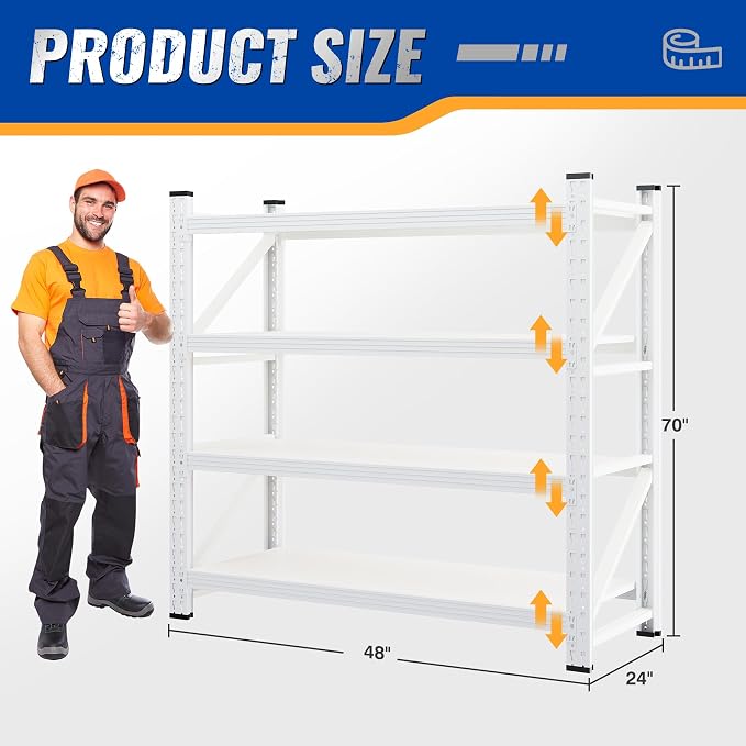 BYNSOE 48" W Storage Shelves 3000lbs Garage Metal Shelving Heavy Duty Garage Shelves Adjustable Storage Shelves for Industrial, Factory(White, 48" W X 24" D X 69" H)