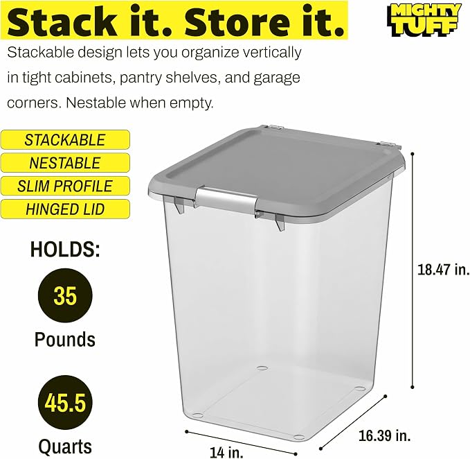 Mighty Tuff 35 lb Dog Food Container with Secure Lid Clasp, Airtight Cat Food Storage Bin, Clear Plastic Pet Food Storage Container with Lid for Kitchen Pantry Organization