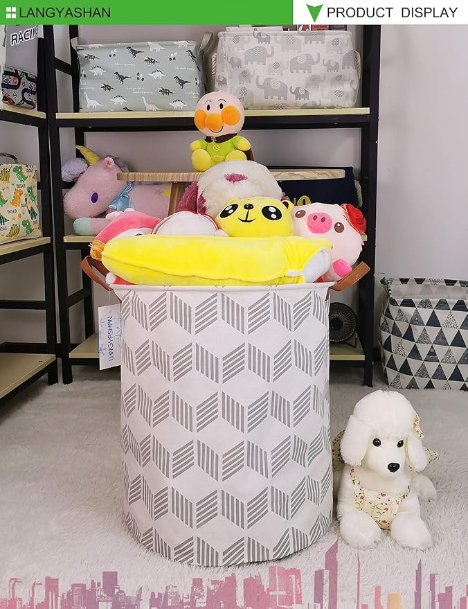 Round Laundry Basket Collapsible Storage Hamper Organizer Gery Wave | Waterproof Canvas Foldable Baskets with sturdy Handles Multi-scene Organizer for Home Play Bedroom Gift Bin
