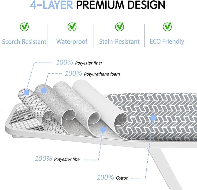 BNDX 15"x54" Ironing Board Cover for Renters – Grey Rye with Thick Padding, 2" Elastic Edge & Dual Buckles, Stain & Scorch Resistant, Easy Installation