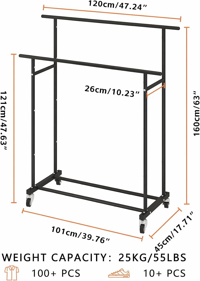 Calmootey Rolling Garment Rack with 2 Rods, Clothes Organizer for Bedroom | High-Low Rods, Two Lockable Wheels, Sturdy Metal Frame, Space-Saving, Fits Laundry, Living Room, Black