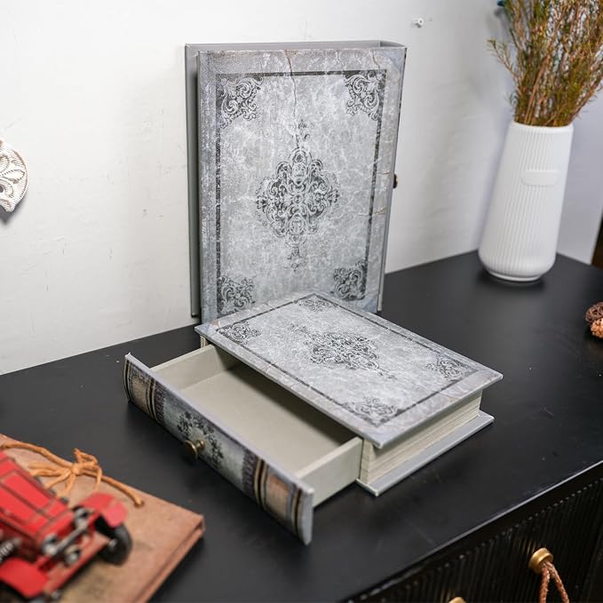 Vintage Book Storage Box with Drawer, Distressed Gray Faux Leather Cover with Ornate Baroque Design, Hidden Organizer for Jewelry or Office Bookshelf Decor 11.8″ x 8.7″ x 2.4″
