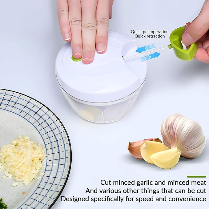 Manual Garlic Chopper Mincer,Food Processor Vegetable Chopper, Portable Hand Pull String Garlic Mincer Onion Cutter for Veggies, Fruits, Nuts, Herbs (white)