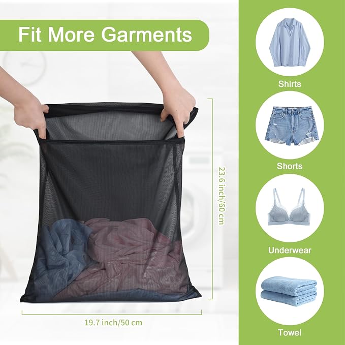 OTraki 2 Pack Durable Laundry Bags with Zipper 20 x 24 Inch, Black | Breathable Mesh Delicates Bag for Washing Machine Travel Large Wash Bags for Bra Sock Underwear Lingerie Blouse, Don't Drying