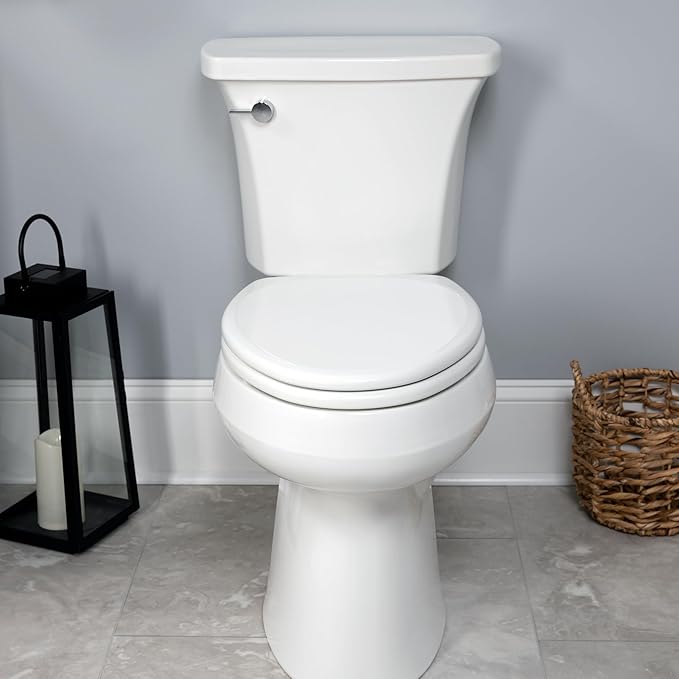 Mayfair Linden Slow Close Toilet Seat, Non Slip Heavy Duty Wood, Easy Install, Made in USA, Elongated, White, 2 Pack