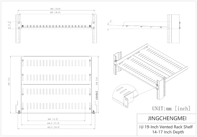 1U Vented Server Rack Shelf Depth Adjustable 14-17", 2 PCS | Metal Cantilever Server Rack Mount Tray for 19 inch Networking Equipments Rack Cabinet, Black (1U14In2PCS)