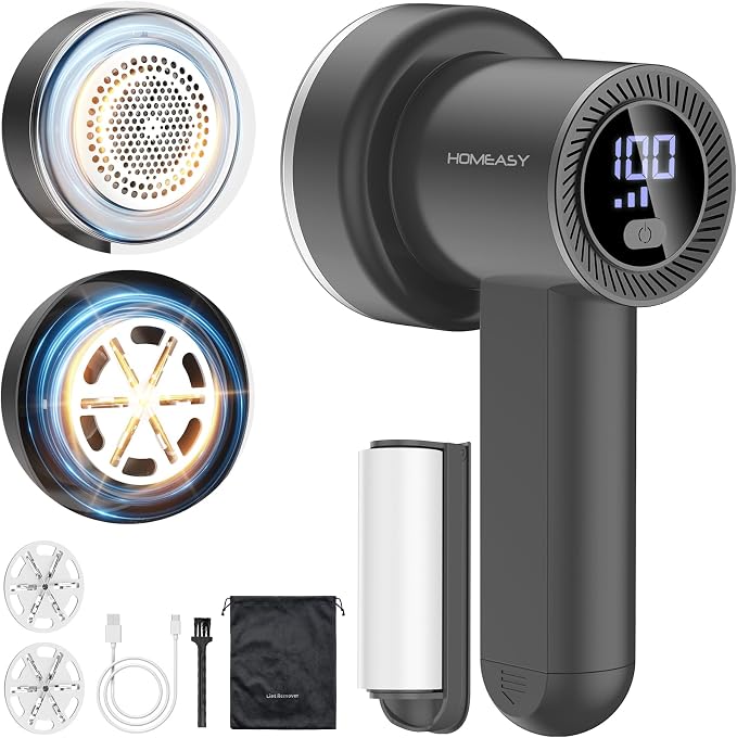 HOMEASY Fabric Shaver, Rechargeable Lint Remover for Clothes Grey | Electric sweater shaver and depiller with 70mm head, 6-leaf blades, LED battery display and Type-C charging for Furniture