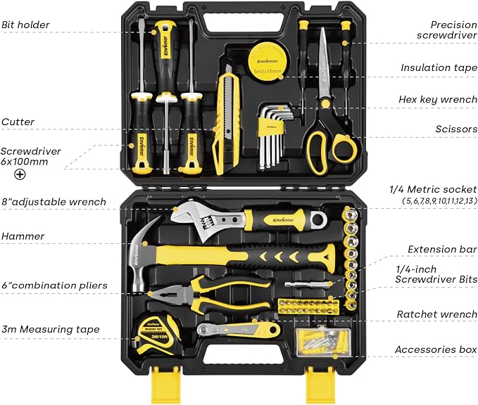 ENVENTOR Home Tool Kit, Basic Household Auto Repair Tool Set with Toolbox Storage Case, General Household Tool Kit for Men Women Home Maintenance, DIY Projects, 90 PCS General Hand Tools Kit