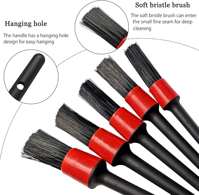 yuntop 5 Different Sizes Detailing Brush Set, Wheel & Tire Brush, Perfect for Cleaning Wheels,Car Dashboard, Interior, Exterior, Leather, Air Vents, Emblems, Motorcy