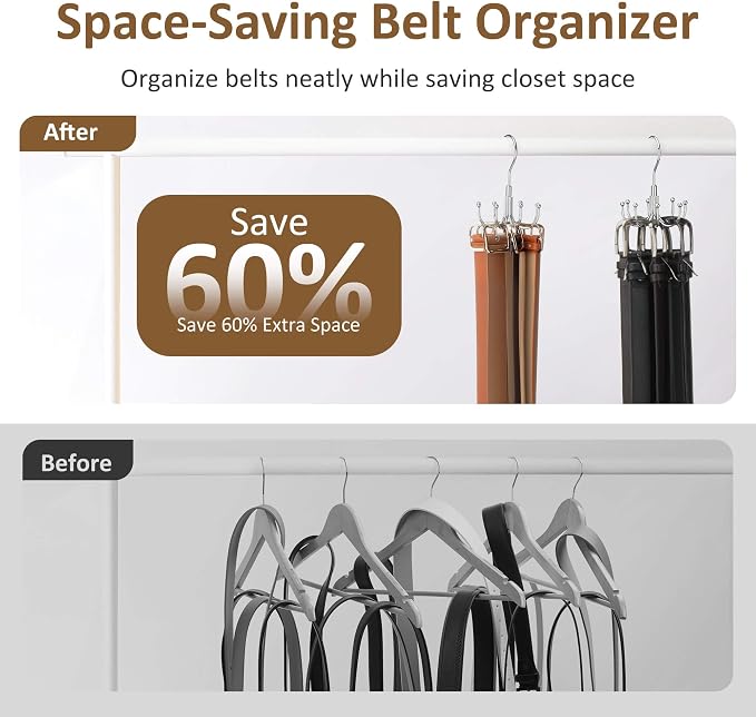 ZEDODIER Belt Organizer for Closet, Heavy-Duty Rotating Belt Hanger Tie Rack Holds up to 24 Belts, Hanging Space Saving Metal Belt Holder for Closet Storage