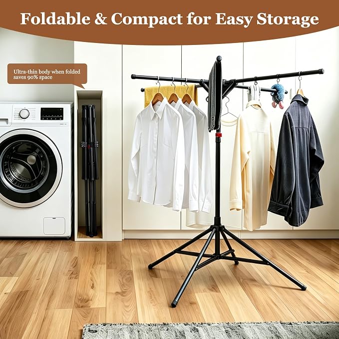 Adjustable Collapsible Umbrella Style Clothes Drying Rack, 4Legs6Telescopic Arms, Space-Saving Freestanding Laundry Airer with Windproof Clips, Easy Setup Indoor Outdoor (Black-Carbon Steel)