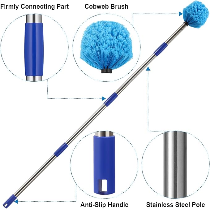 Cobweb Duster with Extension Pole, 8 FT Stainless Steel Pole with Spider Web Brush Head Ceiling Fan Duster for Outdoor Indoor Cleaning, Reach UP to 14-16 FT