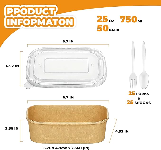 Kaderron 50 Pack 25 OZ Large Paper Bowls with Lids【with Spoons and Forks】, Heavy Duty Disposable Meal Prep Containers for Party, Disposable Bowls Bulk Soak-Proof and Microwave Safe for Hot/Cold Use