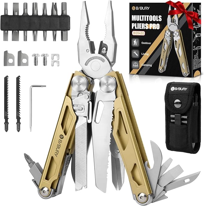 BIBURY Multitool Pliers with 440A Knife & Full Size Scissors, BI2045D | 31-in-1 Multi Tool with Replaceable Wire Cutters, Self-locking EDC Tool with Sheath, Ideal for Outdoor, DIY, Gift for Men