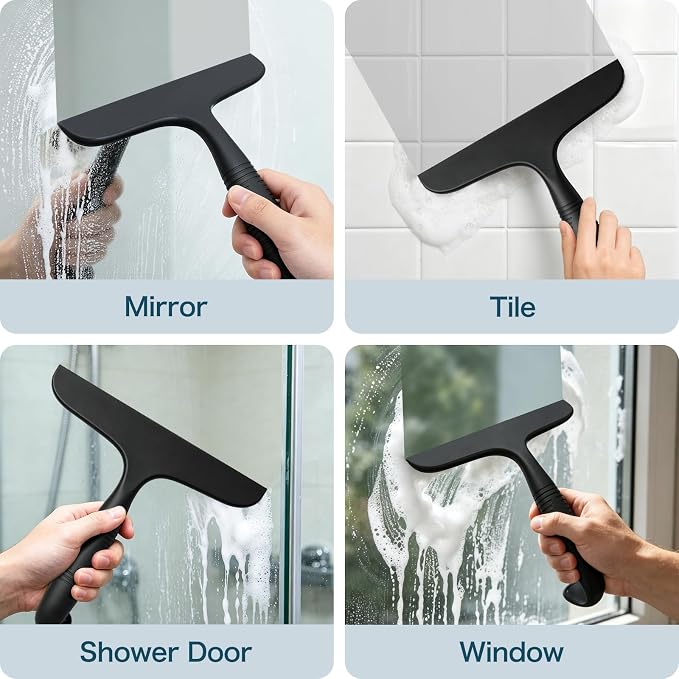 SetSail Shower Squeegee for Glass Doors, One-piece All Silicone Squeegee | Streak-Free Bathroom Squeegee for Shower Glass Window Mirror Tile Wall, Built-in Hook, Ergonomic Grip, Black（9.5-inch）