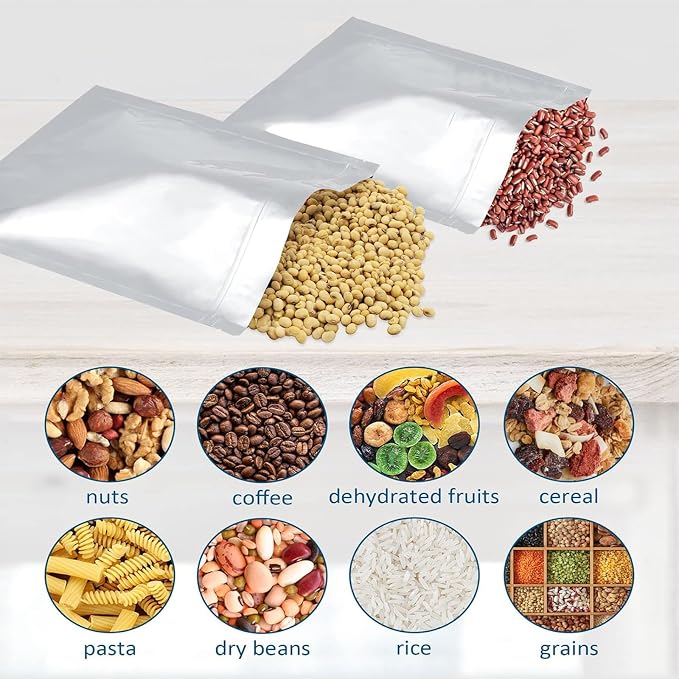 100pcs 1 QUART Mylar Bags for Food Storage - Thick 10 Mil - 7"x10" Stand-Up Zipper Pouches, Resealable and Heat Sealable Vacuum Sealing Mylar Bags for Long Term Food Storage
