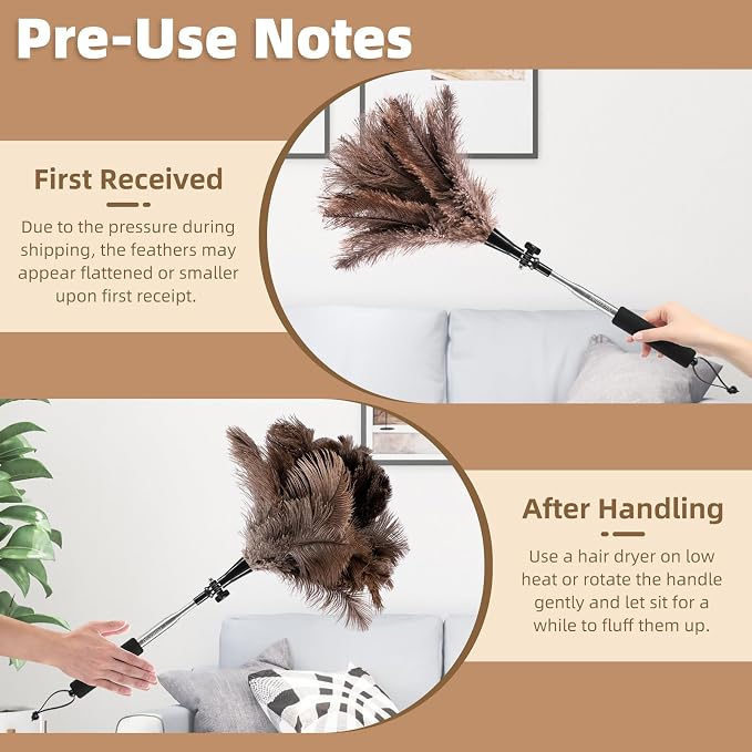 Extendable Ostrich Feather Duster for Cleaning with 49 inch Rotatable Pole | 1 Replacement Head, Natural Fluffy Ostrich Feathers, Reusable Washable Duster, for Ceiling fans, Shelves, Hard to reach Areas