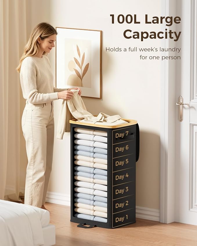 100L Laundry Hamper with Lid, Large Clothes Hamper, Black | Elegant bamboo appearance, Foot Loop, Removable Bag Easy to Lift and Carry, Bathroom, Bedroom, Laundry Room, Dorm