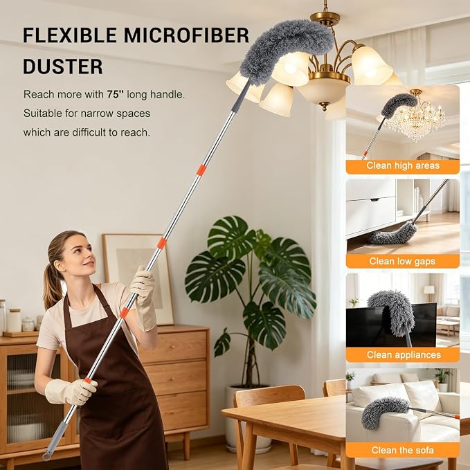 4 in 1 Fan Duster, Ceiling Fan Blade Cleaner with 76“ Long Handle | 360° Reusable Ceiling Fan Cleaners for Blades, Chenille Duster Cleaner Kit for Baseboard, Wall, Floor, Window