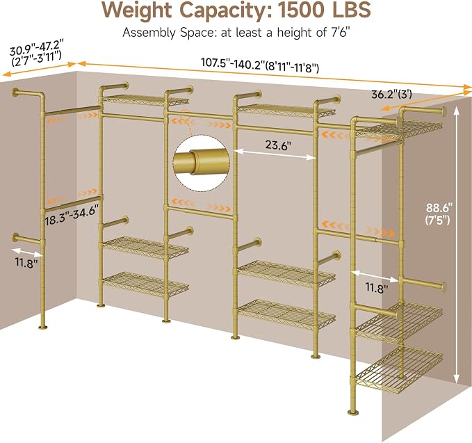 Wall Mounted Garment Rack, Industrial Pipe Clothing Rack, Closet System with 6 Expandable Rods, Walk in Closet Shelving, Clothes Organizers and Storage, Hanging Racks Wardrobe Renovation, Gold