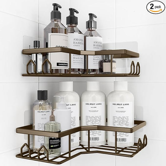Adhesive Shower Caddy, 2 Pack Corner Bath Organizer, Rustproof Stainless Steel Shower Shelves with Large Capacity, No Drilling Shelves for Bathroom Storage, Home, Kitchen Decor (Brown).