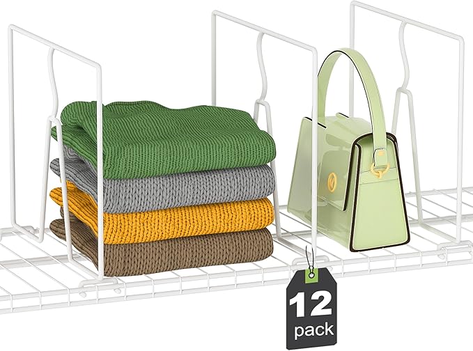 SortNStore Wire Shelf Dividers for Closet: Tall 12 Pack 12-inch Deep Wire Rack Accessories - Adjustable Purse Organizer for Clothes Handbags - Metal Pantry Separators