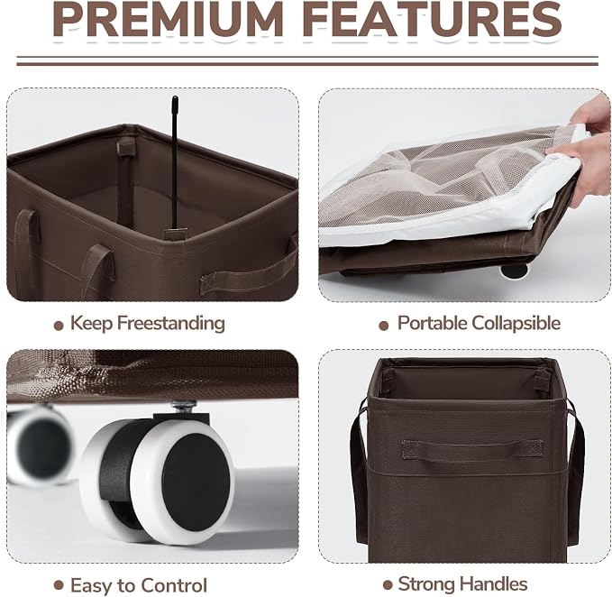 CHICVITA 75L Large Rolling Laundry Basket with Wheels & Wash Bag, Coffee | Clothes hamper for laundry room and living room. Removable wash bag for easy wash-day transpor
