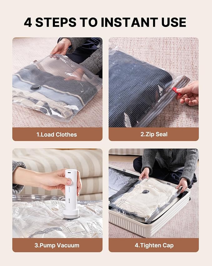 VINTAR 12 Pack Vacuum Seal Bags for Clothing Travel with Wireless Pump | Rechargeable Cordless Pump, Triple-Seal Leak-Proof, 12-Pack 4 Sizes (3J+3L+3M+3S) for Travel Luggage, Suitcase, Home Storage