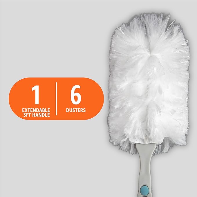 Amazon Basics 360° Heavy Duty Duster Kit with Extendable Handle and 6 Microfiber Plumes Refills for Pet Hair