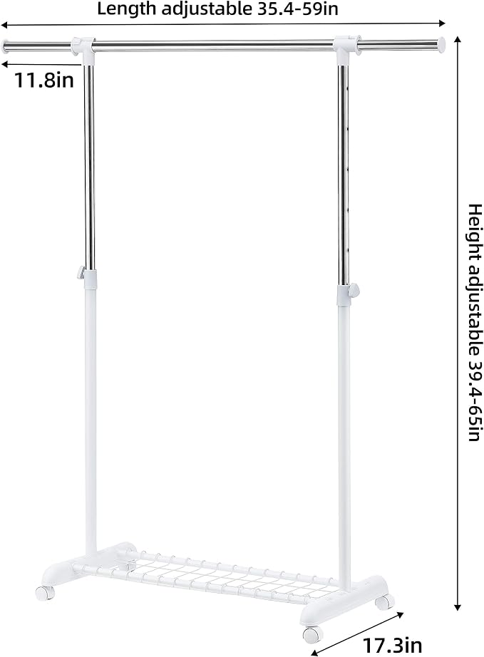 LiaMeE Adjustable Clothing Rack for Hanging Clothes, Heavy Duty Garment Rack with Wheels，Free Standing Rolling Clothes Rack with Shelf & Grid, Easy Assembly Standard Rod, White & Chrome