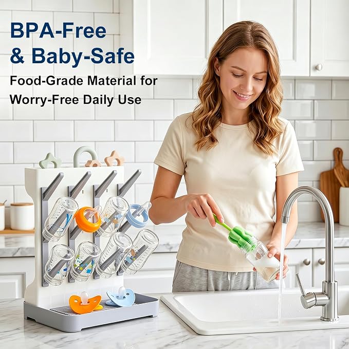 GoMaihe Baby Bottle Drying Rack: Space Saving Vertical Bottle Dryer Holder | Newborn Accessories Storage Stand Organize Brushes Pacifiers on Countertop - BPA-Free - Gray