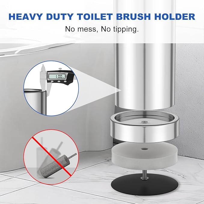 304 Stainless Steel Toilet Brush and Holder Set, Heavy Duty Toilet Bowl Brush and Holder with Removable Inner Bowl, Splash Protection, Long Handle for Bathroom