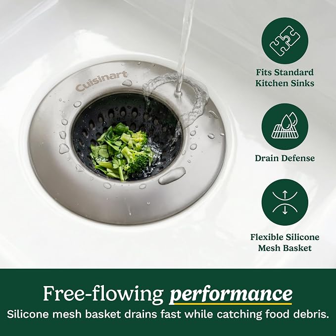 Cuisinart 2 Piece Sink Set – Sink Drain Strainer with Stainless Steel Rim & Silicone Mesh Base & Sponge Holder for Kitchen Sink, Metal Caddy with Triple Suction Cups, Daily Kitchen Essentials