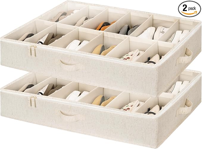 StorageWorks 2-Pack 24-Pair Underbed Shoe Storage Organizer, Linen Beige | Rustic Linen Fabric, Adjustable Dividers, 5.25" Height, Fits 6-inch+ Clearance, Clear Top, Soft Handles, For Closet, Bedroom